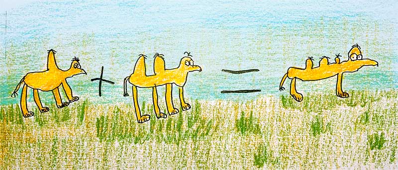 Una caricatura de una sola viñeta: dromedario (camello con una sola joroba) + camello = un animal similar a un camello pero con tres jorobas.