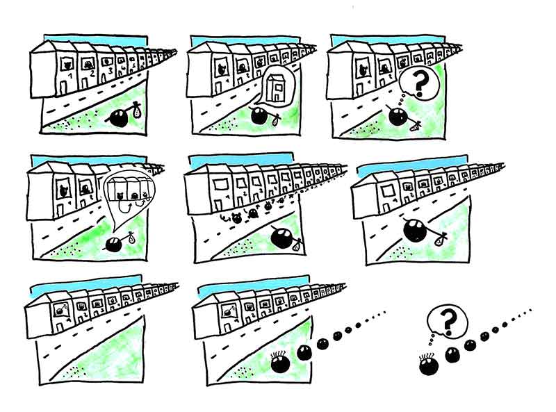 A 9-panel comic. A cartoon arrives homeless to a row of infinite houses. Each house is occupied. The cartoon asks every inhabitant to move over to the next house. This makes the first house empty, and the cartoon can move in. Then an infinite row of cartoons arrives. How can they find a home?