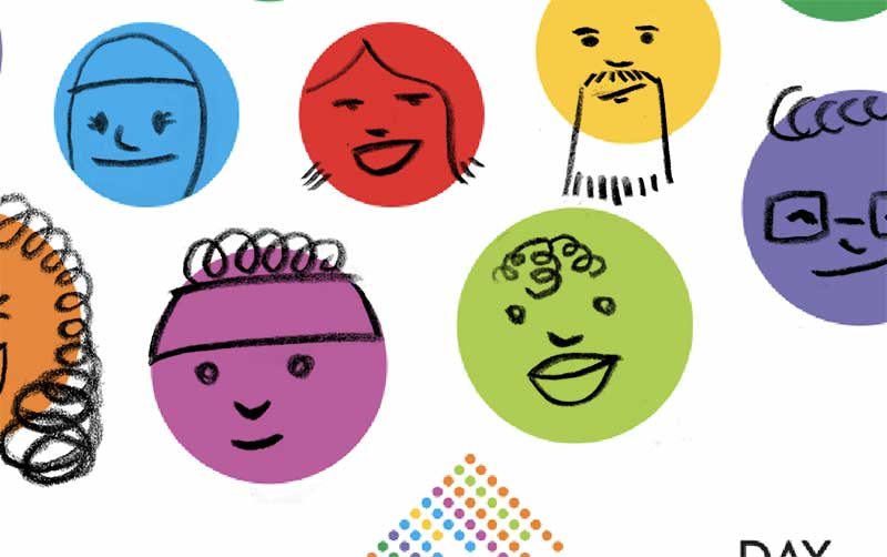 Detail of the poster with different faces hand-drawn on each dot.