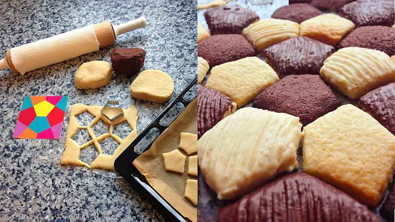 La imagen a la izquierda muestra un rodillo de cocina, un poco de masa, y masa aplanada siendo cortada con un cortador con forma de baldosa pentagonal. La imagen a la derecha muestra galletas ya cocidas, dispuestas siguiendo el teselado.