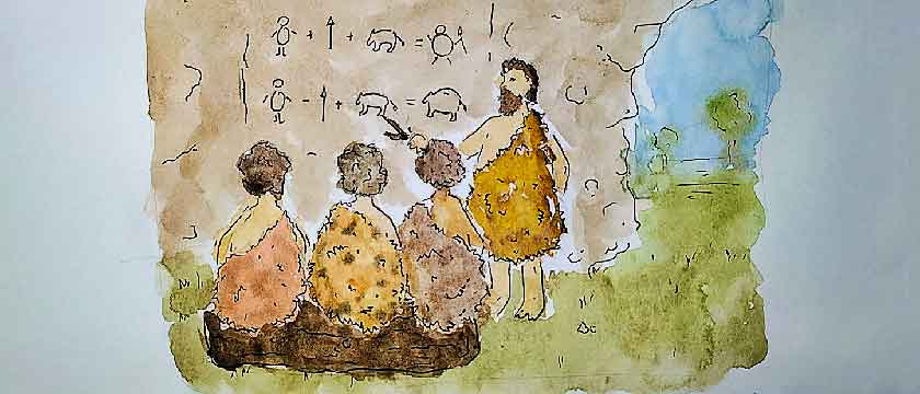 A math comic: 'One caveman shows equations written on a cave wall to other three cavemen. The first reads "man plus spear plus animal equals man with full belly". The other: "Man minus spear plus animal equals animal with a full belly"'